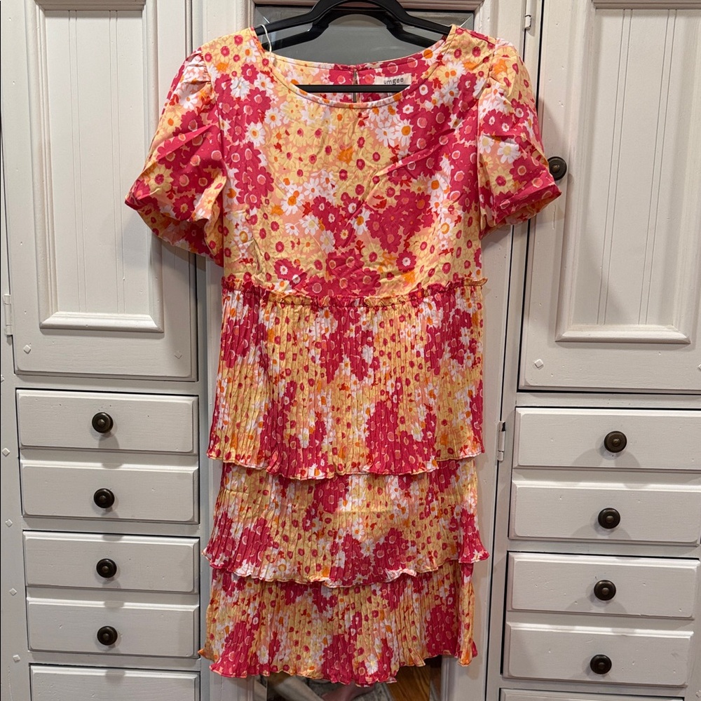 Umgee Medium Floral Tiered Dress in Pink and Yellow